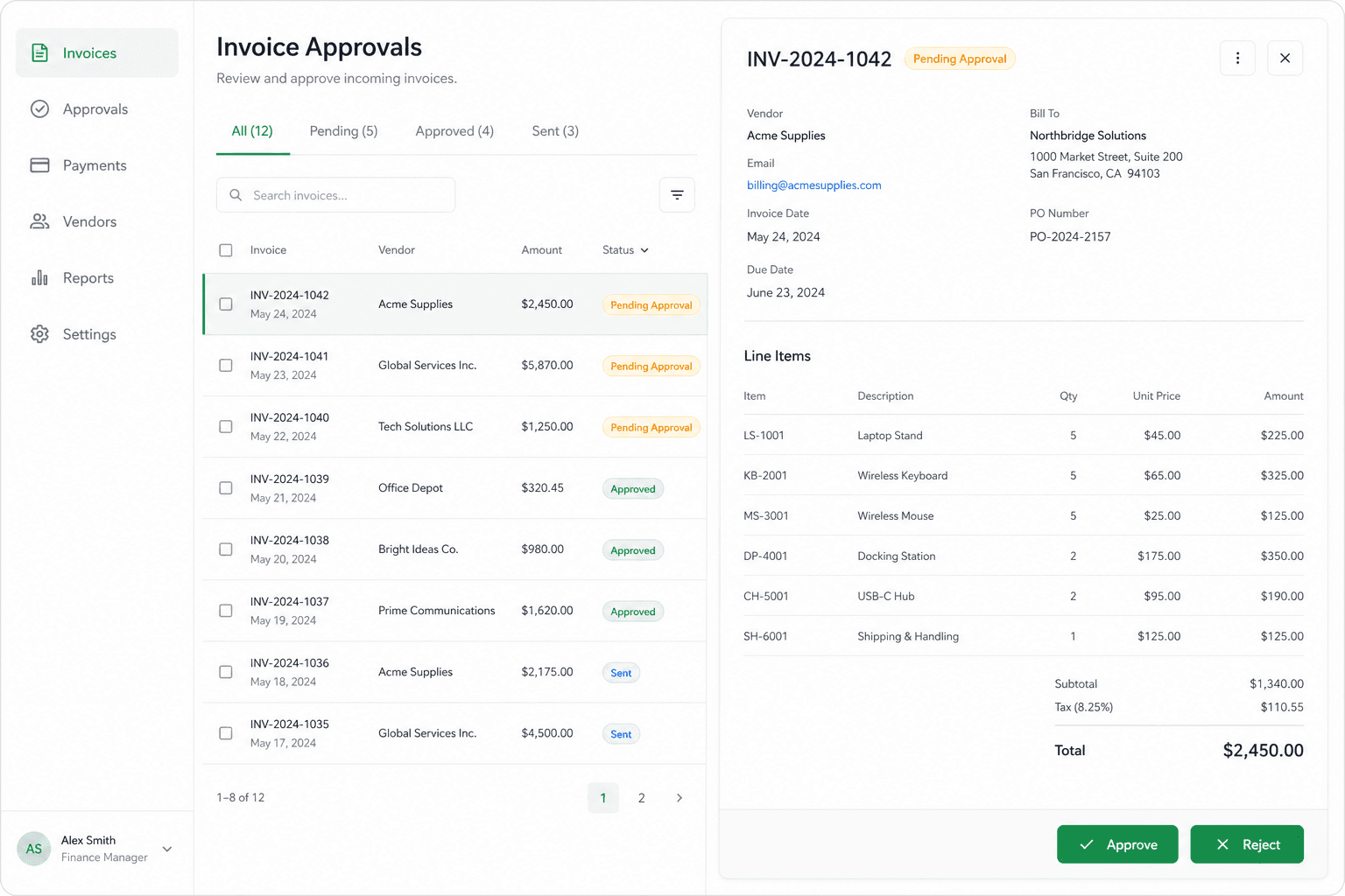 Invoice approval workflow with pending, approved, and sent status in Google Workspace