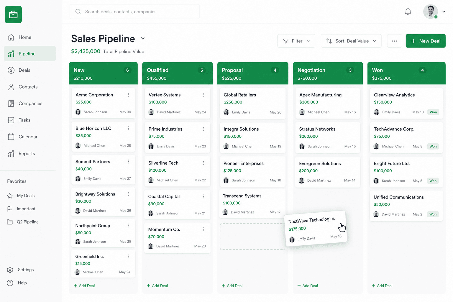 Kanban sales pipeline board with deal stages in a Google Sheets CRM
