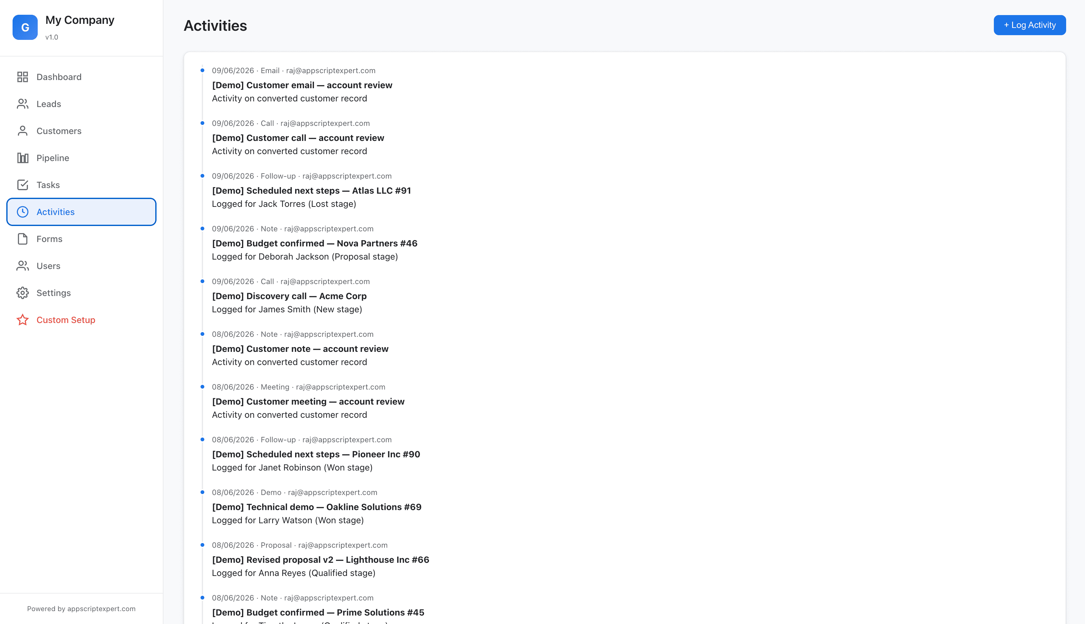 gCRM Activity log screenshot