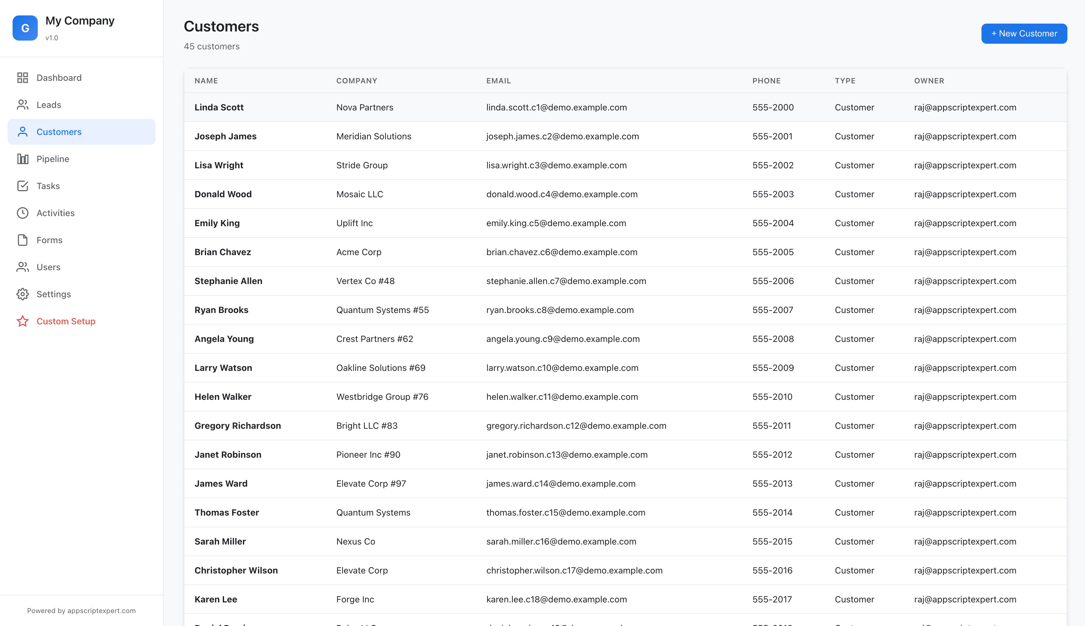 gCRM Customers screenshot