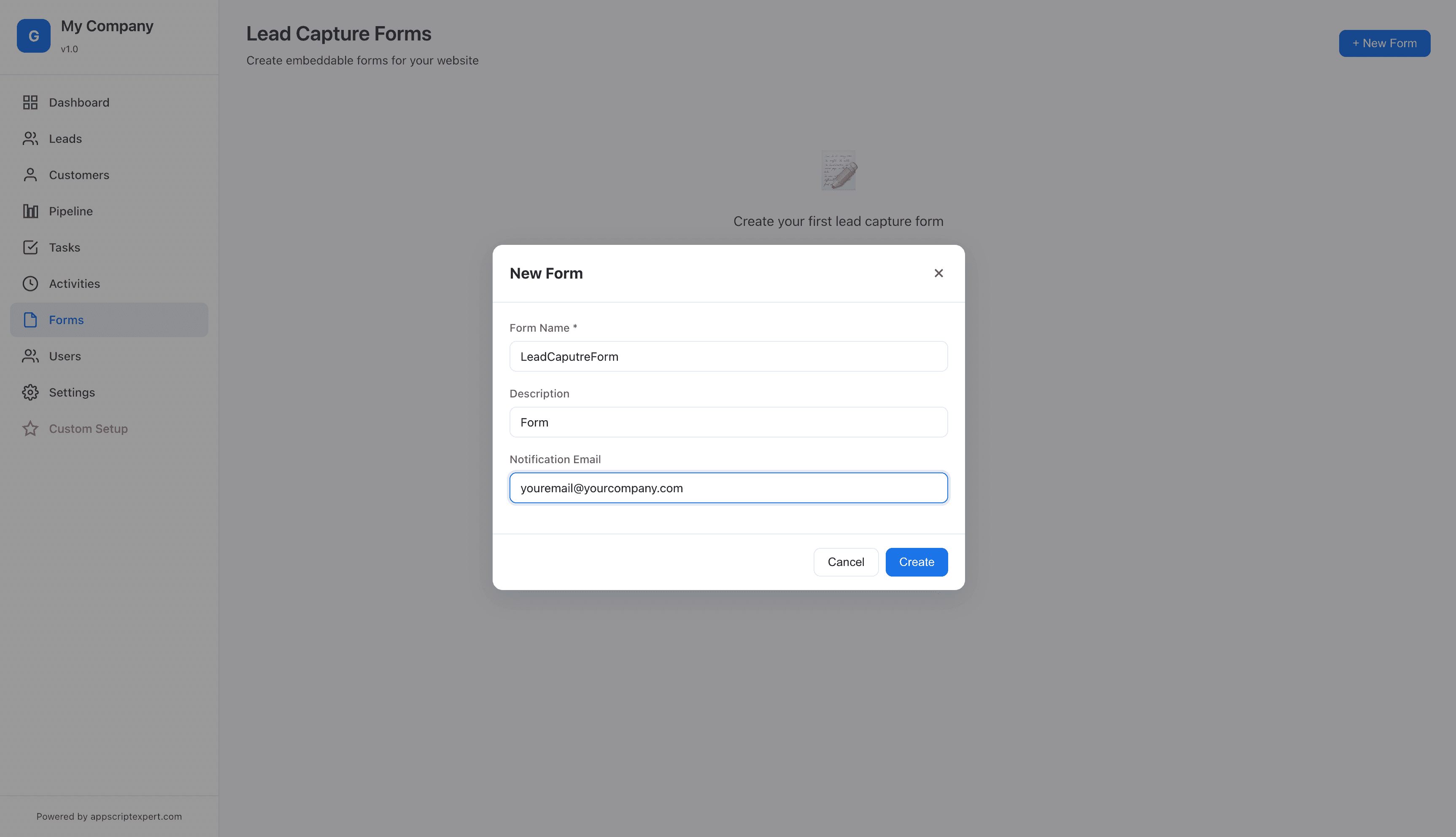 gCRM Lead capture form screenshot