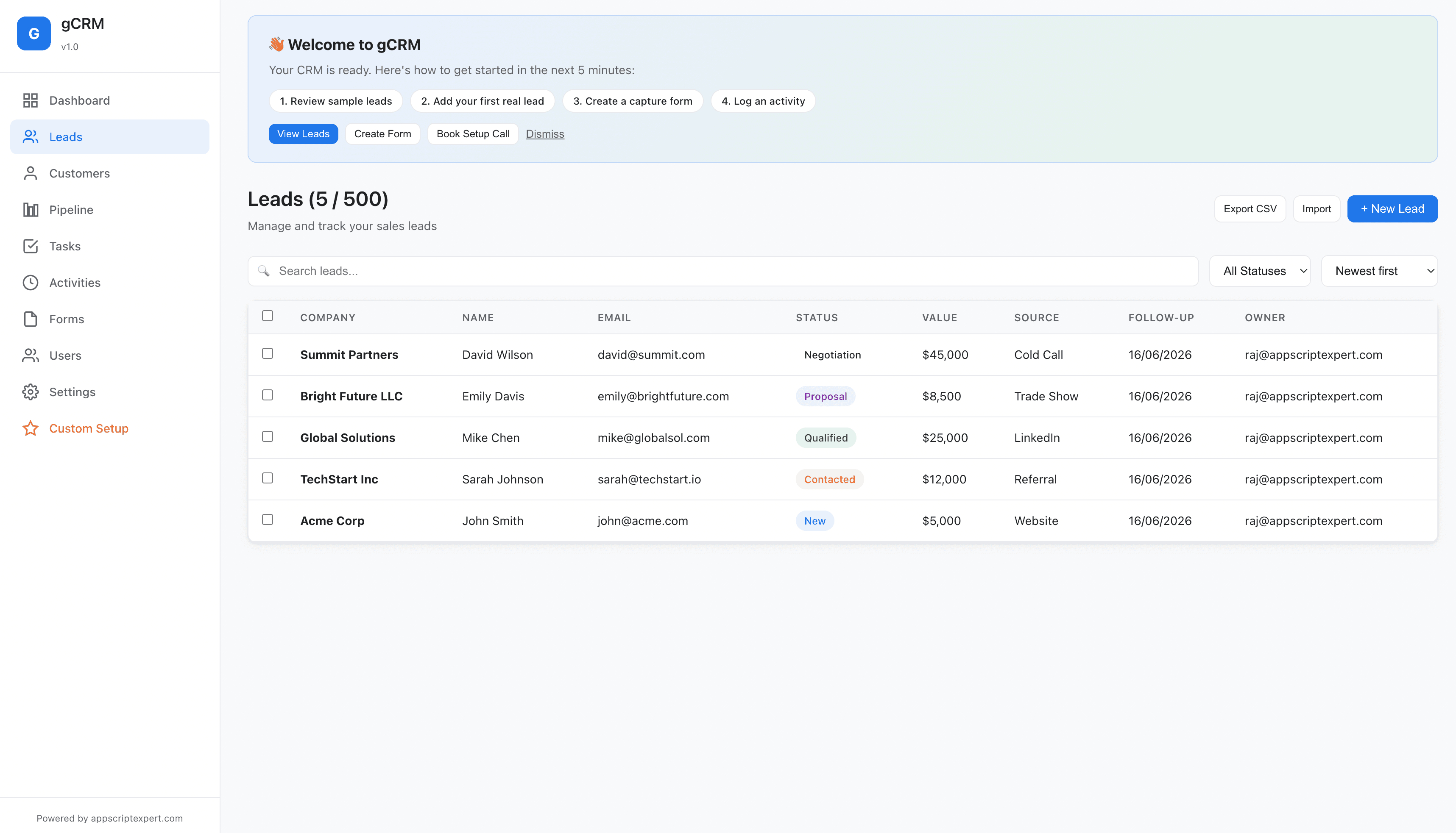 gCRM Leads screenshot