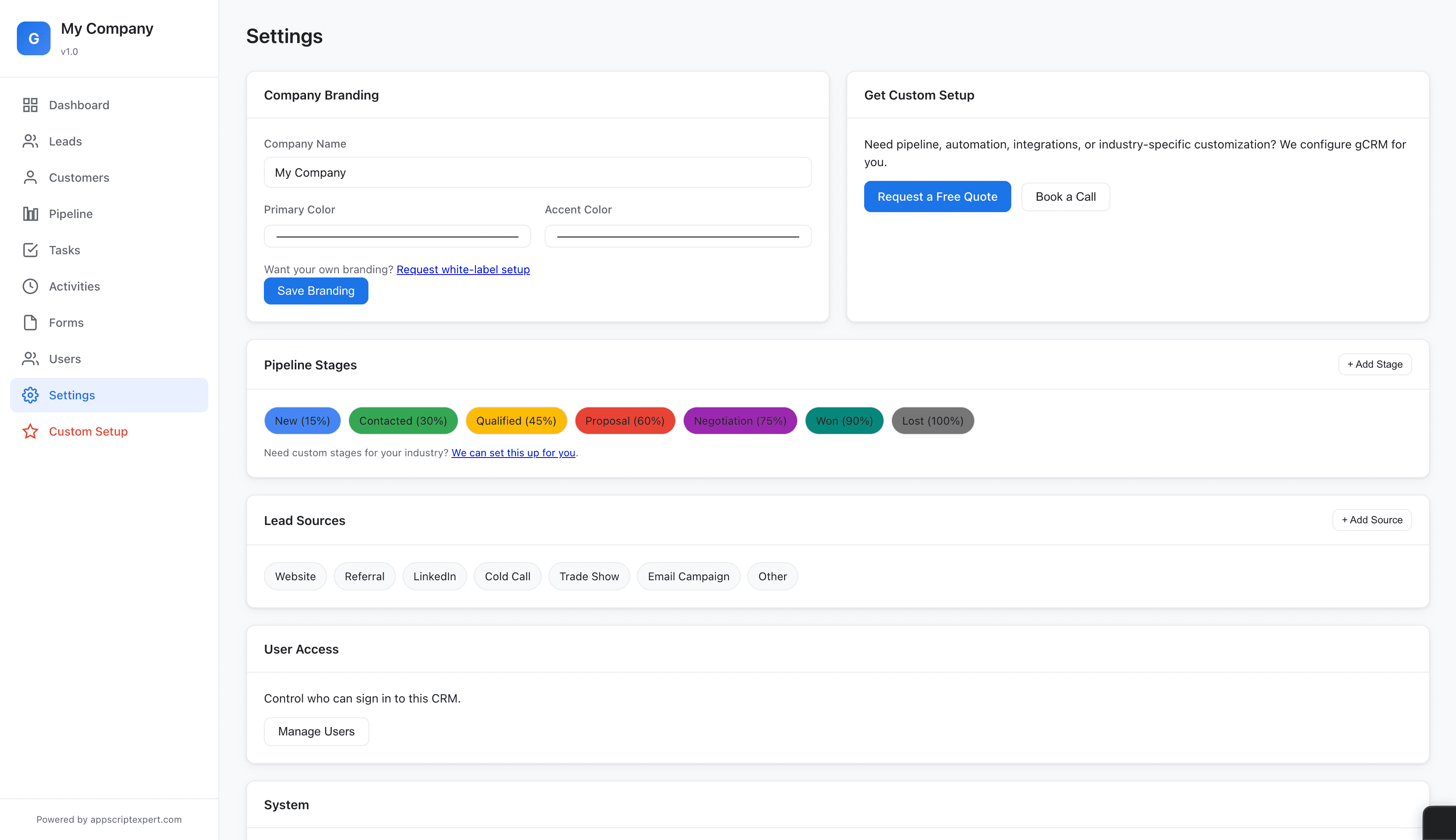 gCRM Settings screenshot