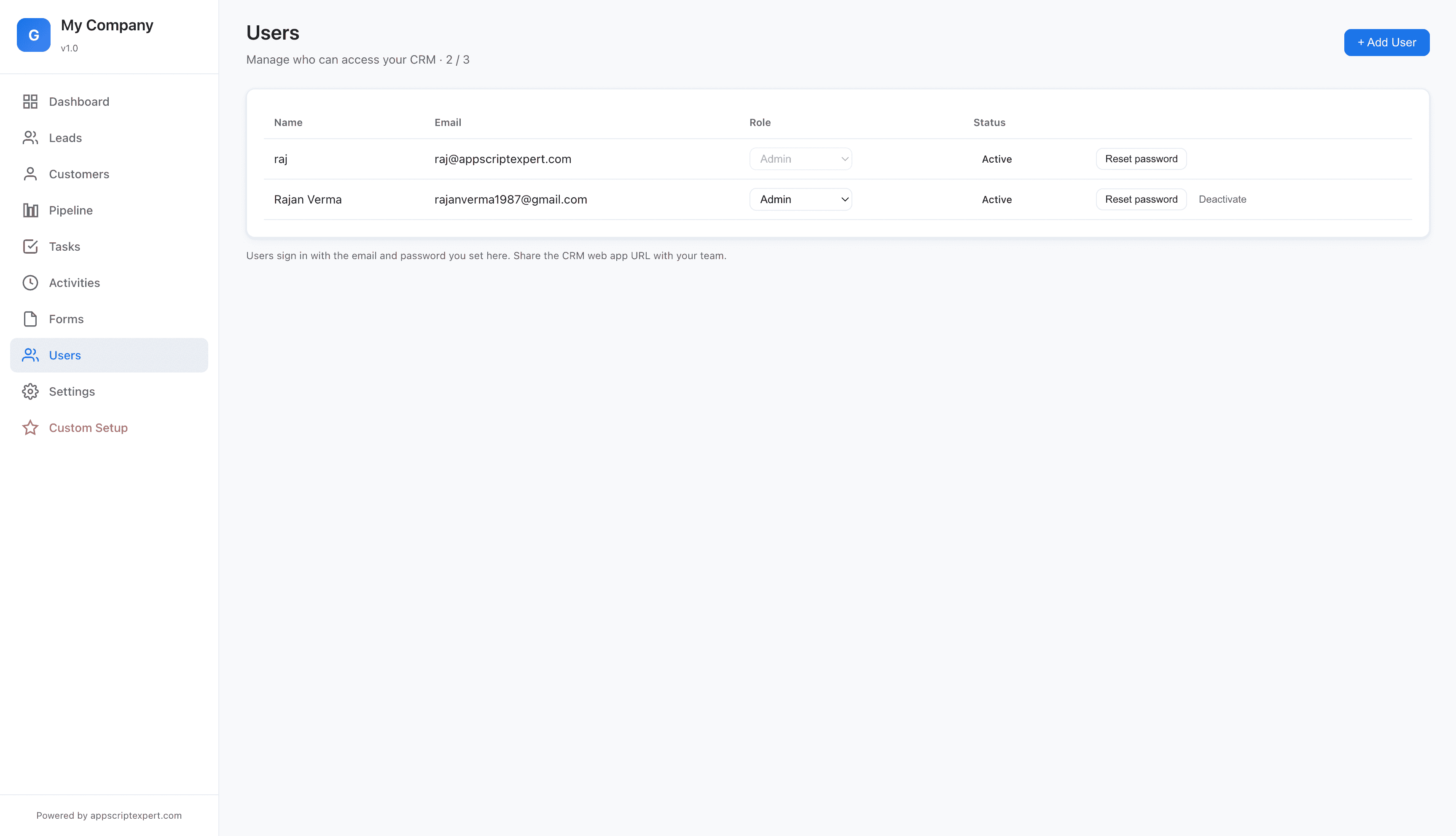 gCRM User management screenshot